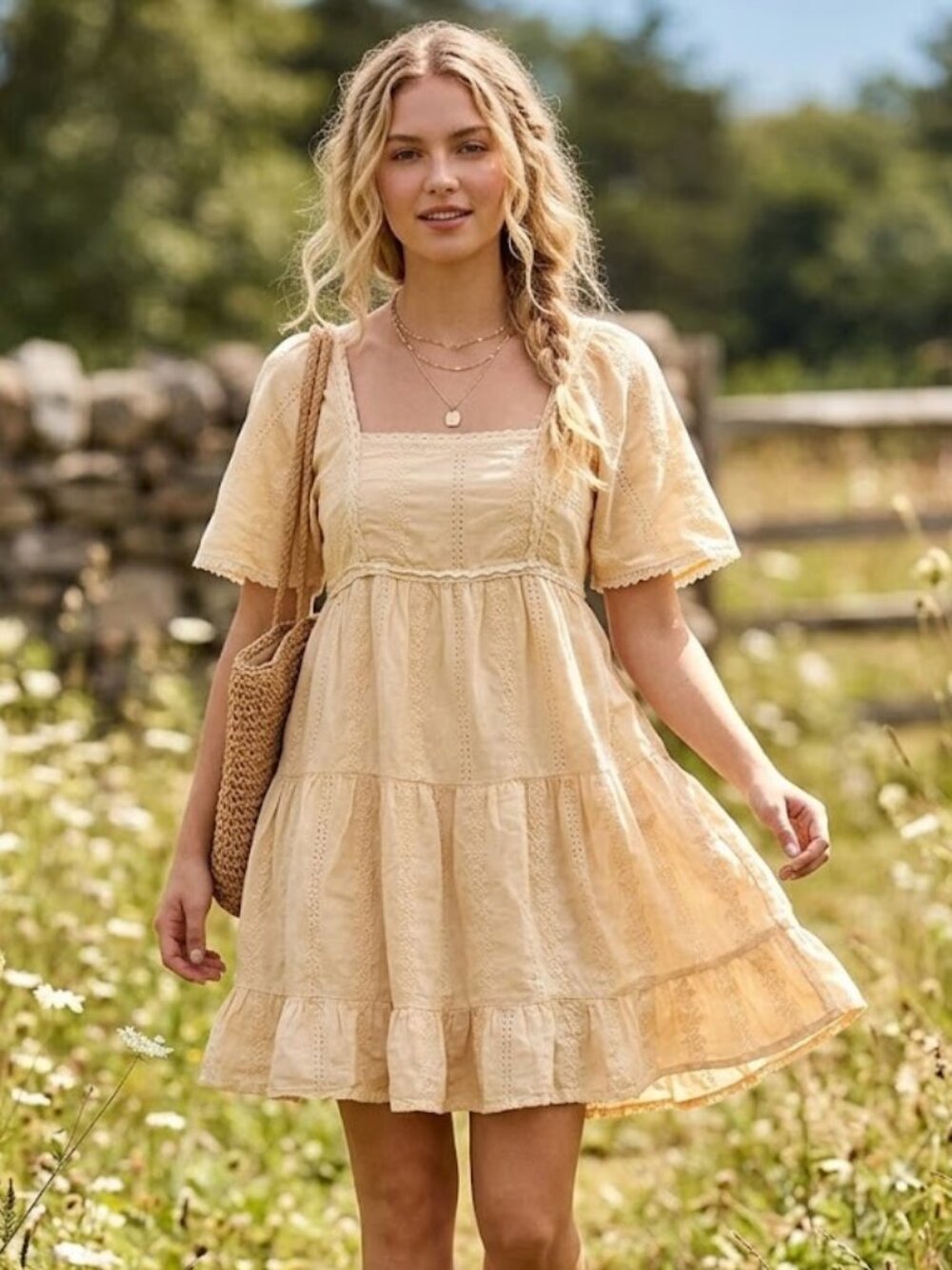 Altar'd State Size XS Babydoll Yellow Eyelet Tiered Mini Dress Lined Cottagecore
